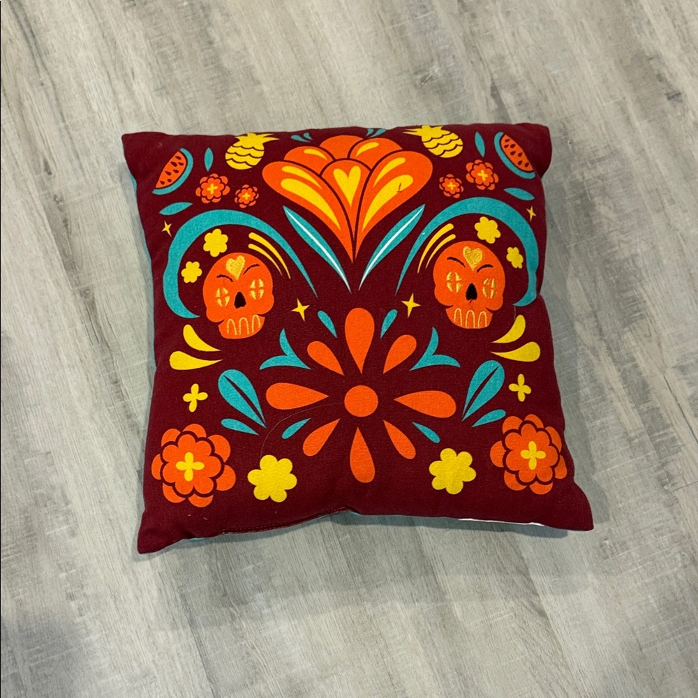 Dia De Los Muertos 16 X 16  Maroon Calavera Decorative Pillow